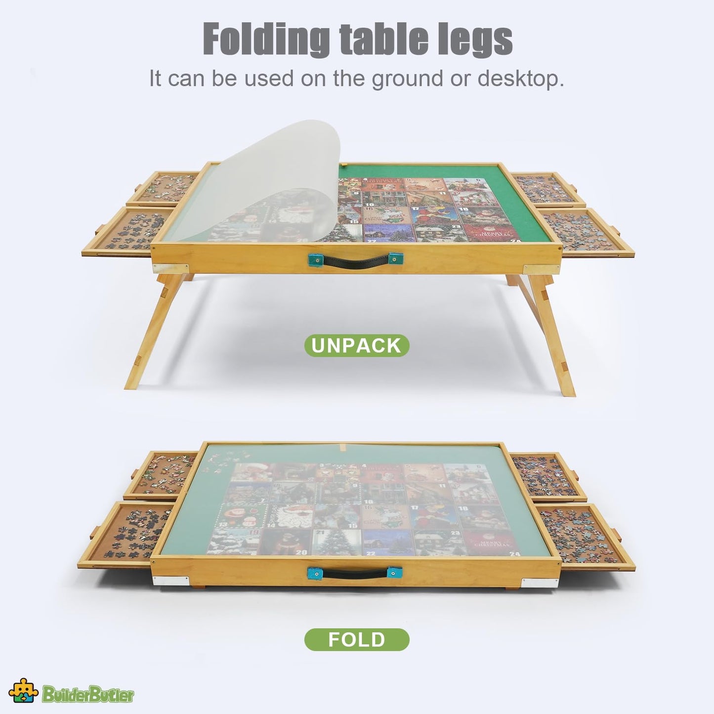 Builderbutler 1500 Pieces Puzzle Table With Legs,25''X34'' Wooden Jigsaw Puzzle Board With 4 Drawers & Cover,3-Tilting Angles Fo