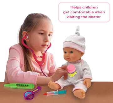 10 Baby Doll Doctor Set for Kids- Toy Nurse Kit for Toddler, Little Girl - Playset Pack with Checkup Accessories & Newborn Doll