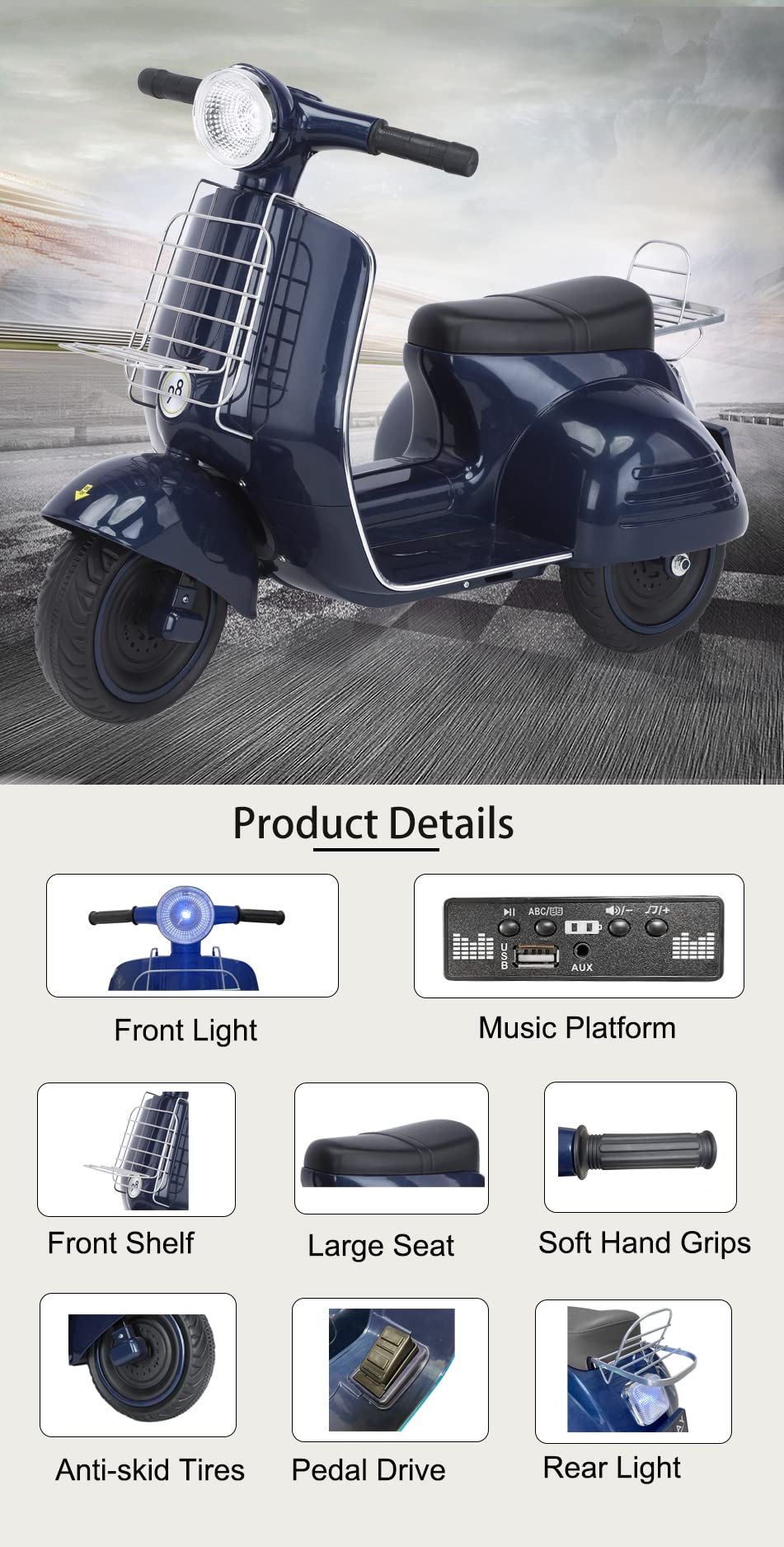 Mestari Kids Ride On Motorcycle 3 Wheels Stable Bike Electric Tricycle Slow Start Forward/Reverse Led Mp3 Horn Music Foot Drive