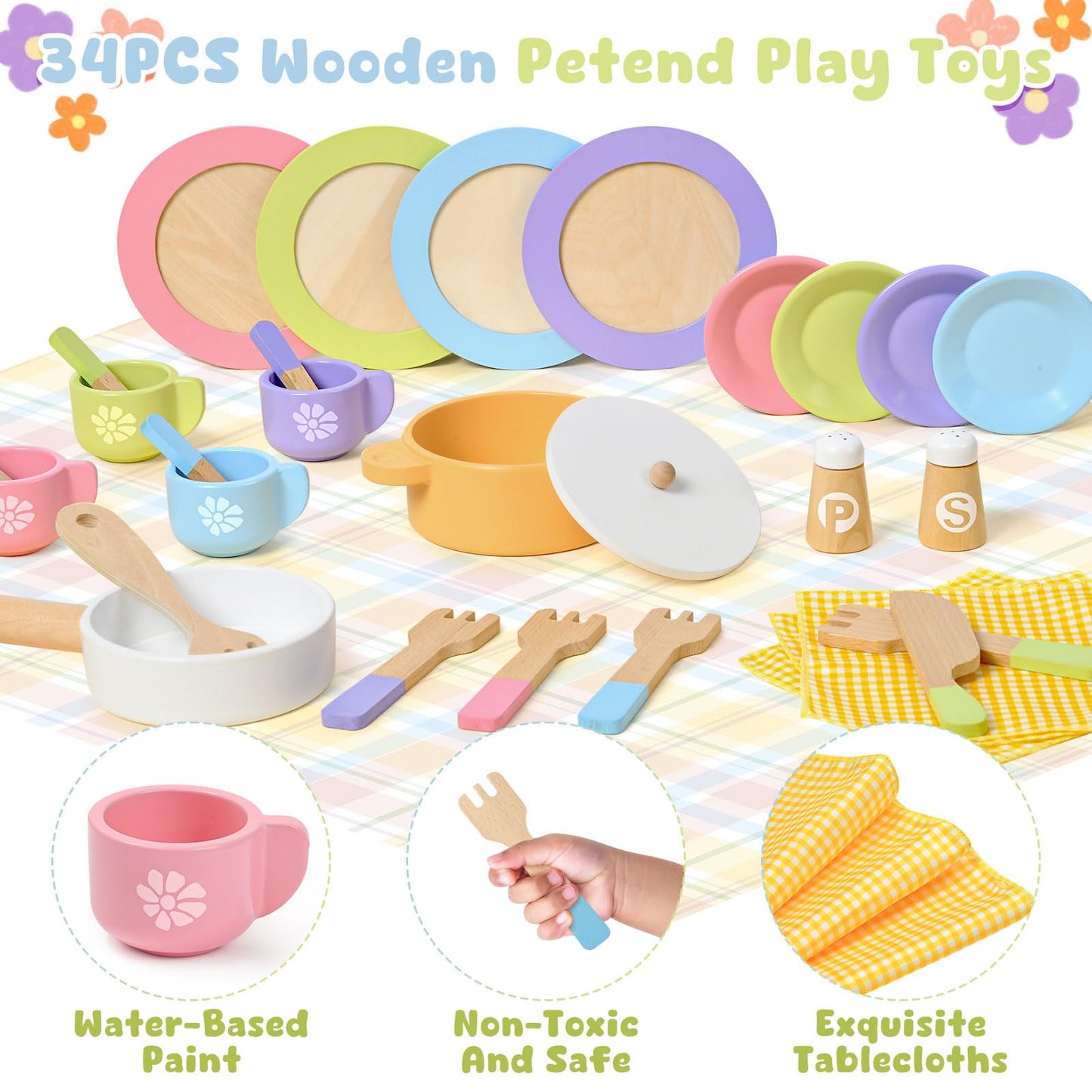 Toyssa 34 PCS Wooden Play Dishes and Plates Kitchen Set Toys for Toddler, Kids Play Kitchen Accessories with Pan & Tableware, Mo