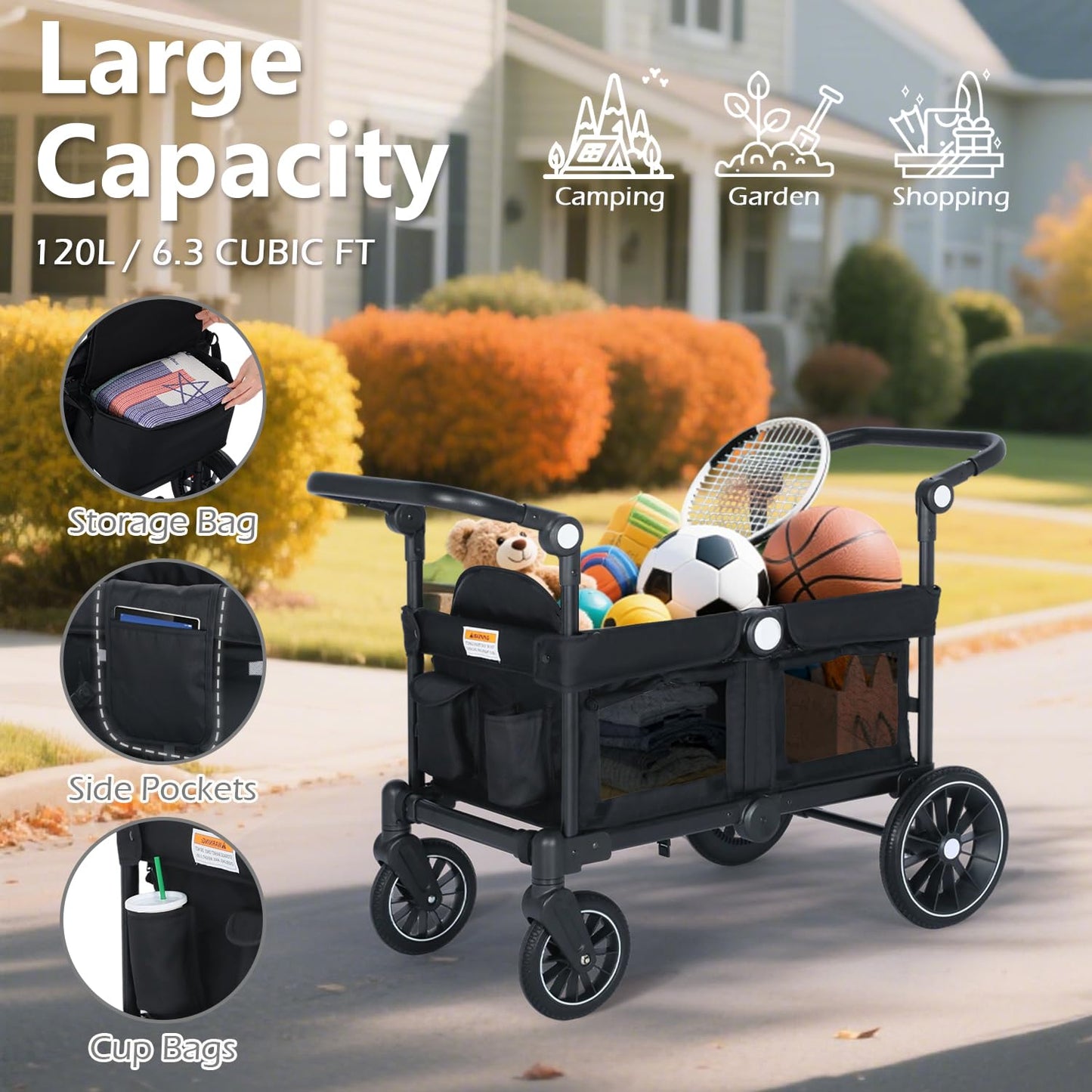 Kinder King Folding Wagon Stroller for 2 Kids All-Terrain Baby Stroller Wagon Outdoor Removable Canopy 2 Seater Adjustable Handle Shock-Absorbing Wheel Detachable Tray Parent Organizer Black