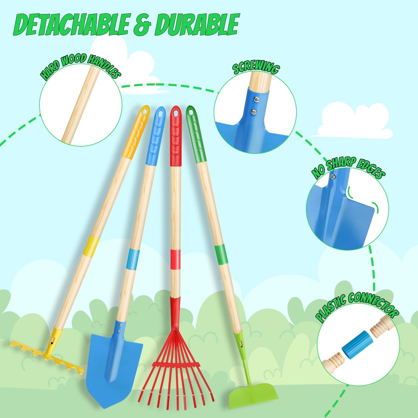 Magic4U Kids Gardening Tools Set, 22 Pcs Metal Garden Tools Toys For Kids With Apron, Gloves, Wood Handle Shovel, Rake, Hoe And Leaf Rake, Outdoor Digging Toys Gifts For Kids Age 3+