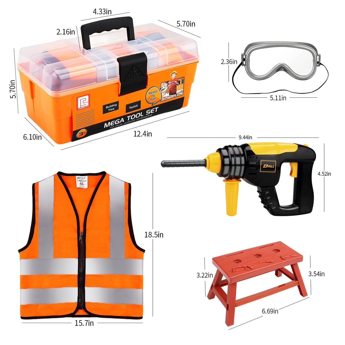 Deejoy Tool Set with Tool Box & Electronic Toy Drill, Pretend Play Kids Construction Kits for Kids Ages 3-5 Years Old, Toddler B
