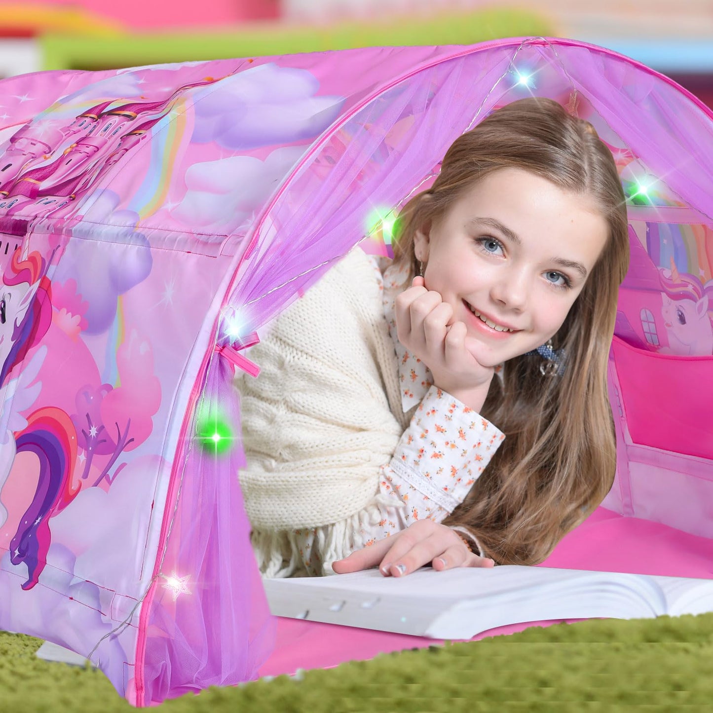 Wowangce Unicorn Bed Tent For Kids Large Kids Twin Tent Toddler Play Tent With Carry Bag Foldable Tent For Kids With String Ligh