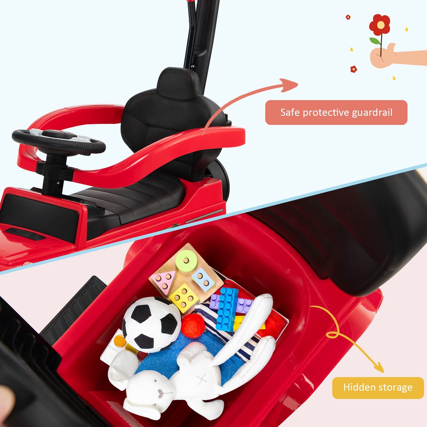 Costzon Push Car For Toddlers, 3 In 1 Mercedes Benz Stroller Sliding Walking Car W/Canopy, Handle, Armrest Guardrail, Underneath Storage, Horn, Foot-To-Floor Ride On Toy For Boys Girls, Red