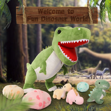 MorisMos Giant Dinosaur Stuffed Animal Set - 23.6" Green Mommy Dinosaur with 3 Baby Plush Toys & Eggs, Soft Polyester, Ideal Gift for Kids