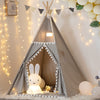 Teepee Tent For Kids With Padded Mat, Grey Foldable Play Tent With Carry Bag For Indoor Outdoor, Pompom Lace Cotton Canvas Playhouse Tipi For Girls Boys