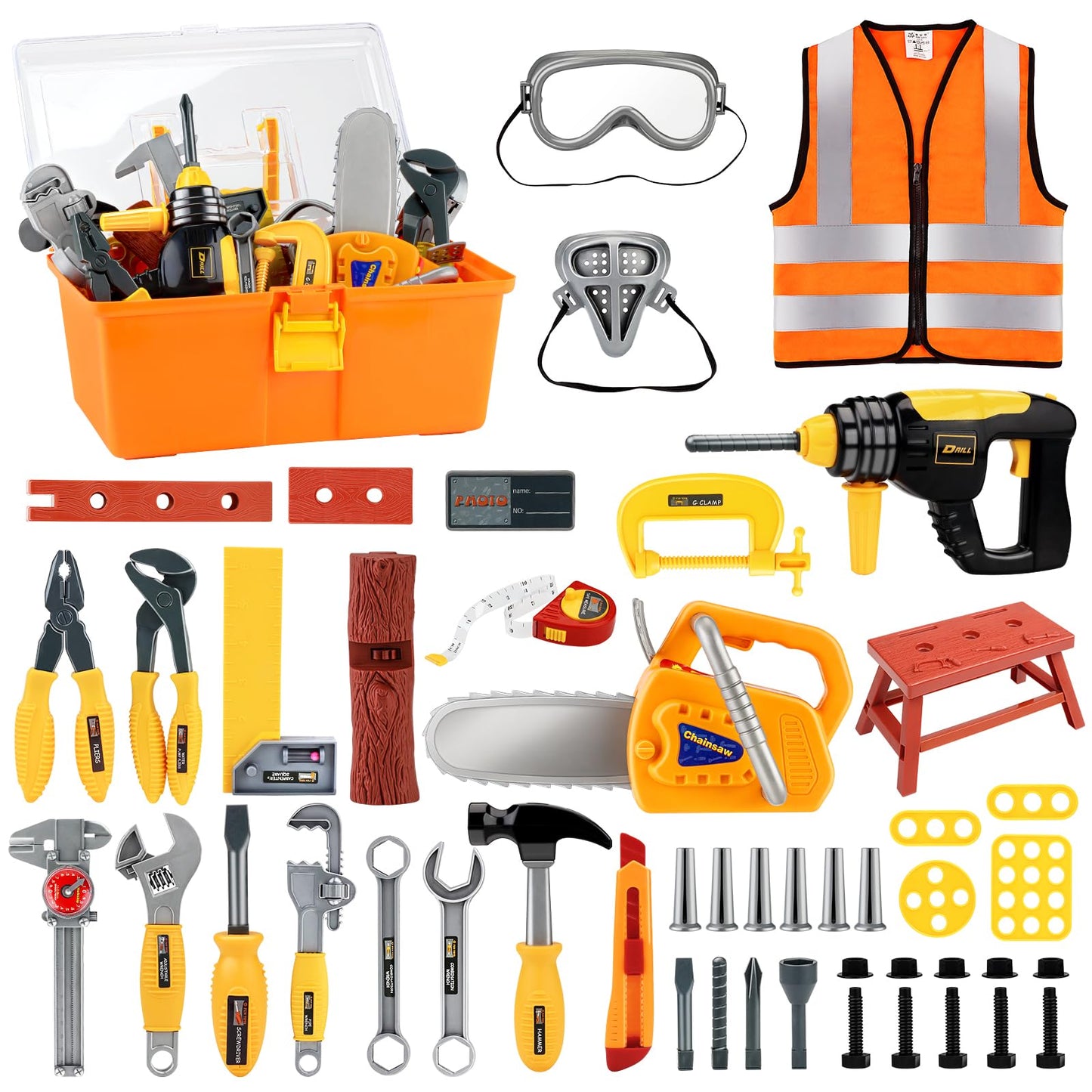 Deejoy Kids Tool Set with Electric Saw & Electronic Toy Drill, 54Pcs Pretend Play Kids Construction Set for Toddler 3-5 Years Ol
