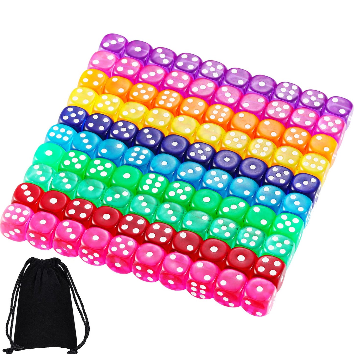 Blulu 100 PCS 6 Sided Games Dice Set, Colored Dice with Black Velvet Pouches for Playing Games, Like Board Games, Dice Games, Ma