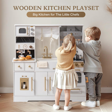 Robud Wooden Play Kitchen Set For Kids, Pretend Toy Kitchen With Ice Maker, Coffee Machine, Oven, Microwave, Cabinet, Utensils,