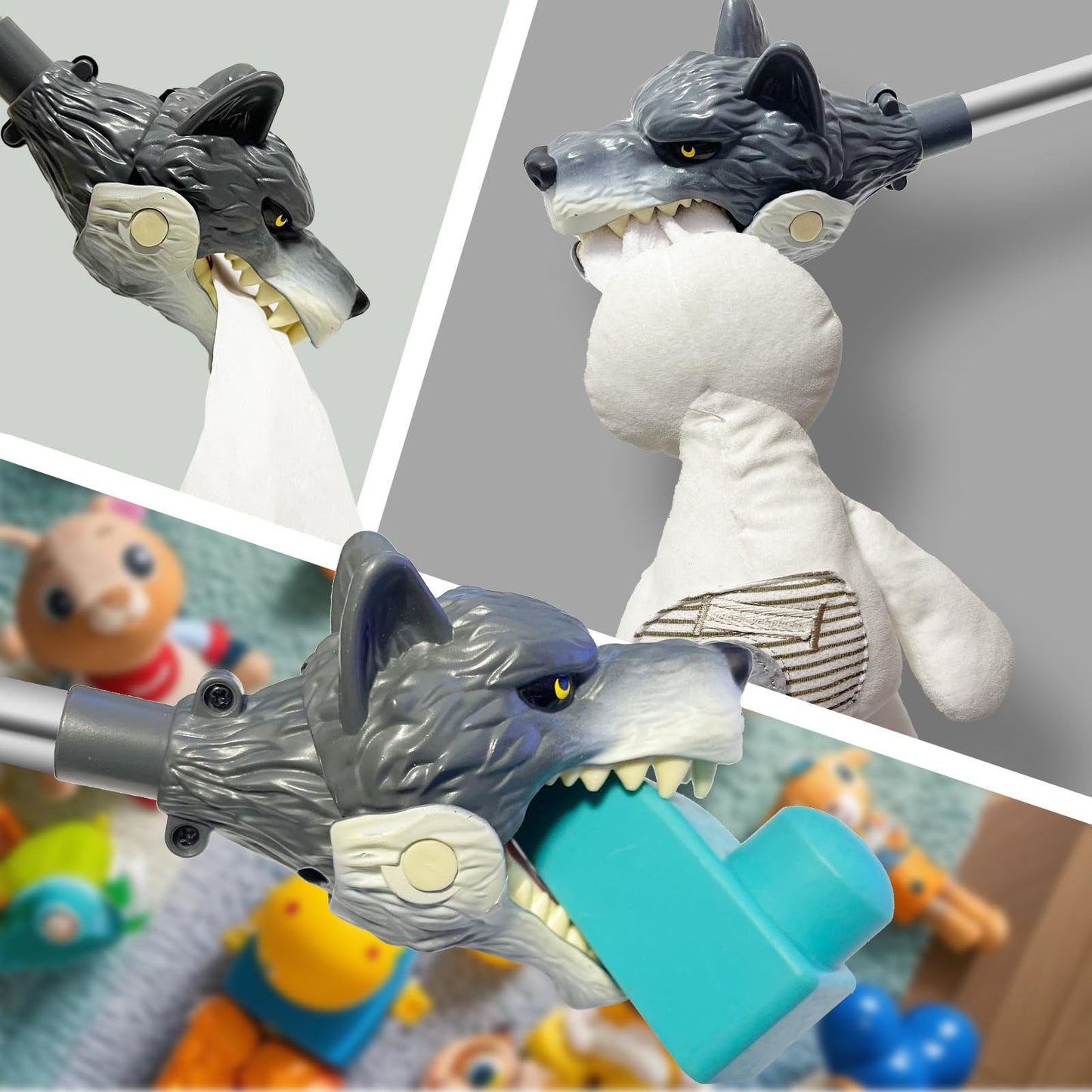 DINOBROS 16'' Wolf Grabber Toy - Interactive Pick-Up Tool for Kids | Animal Robot Hand Reacher Toys | Realistic Wolf Chomper for