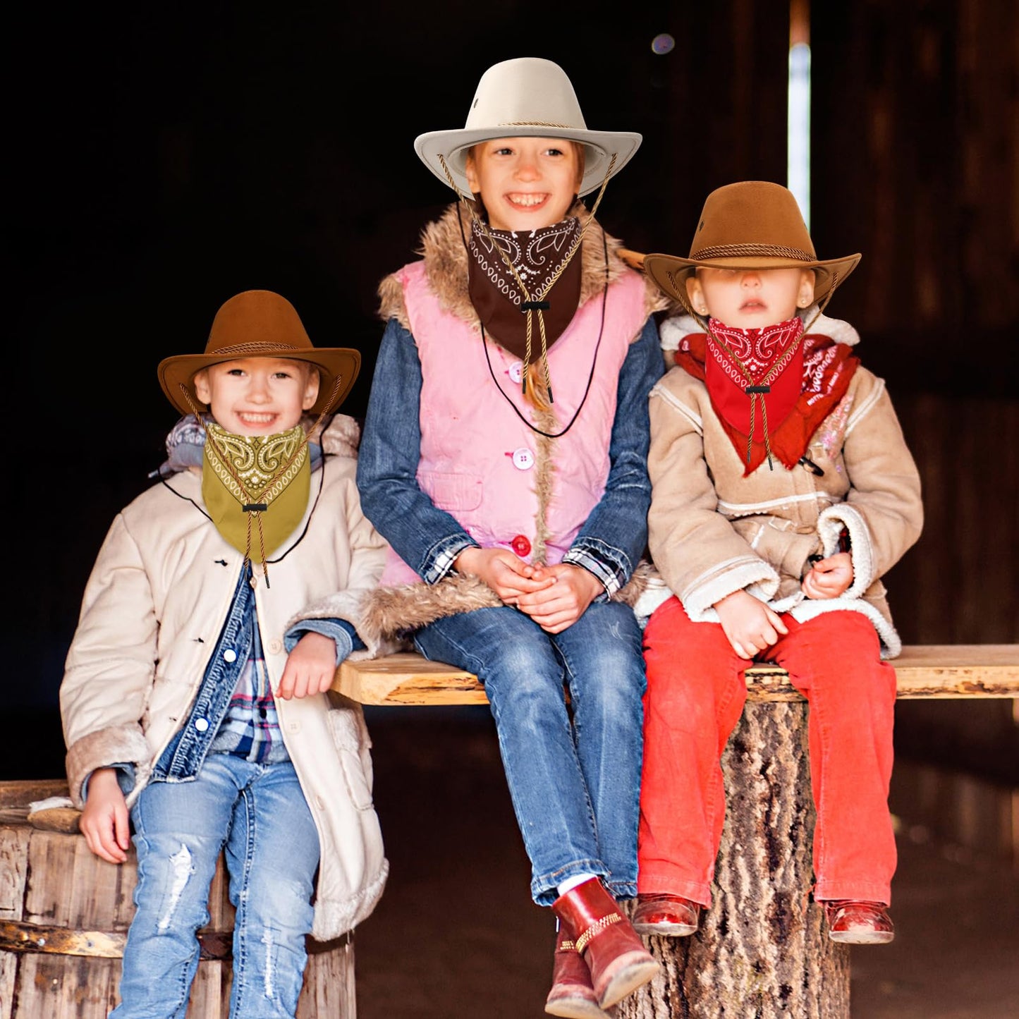 Unittype 20 Pcs Halloween Western Costume Cowboy Hats Set Kids Cowgirl Themed Party Felt Bandanna Hat with Paisley Bulk(Brown Se