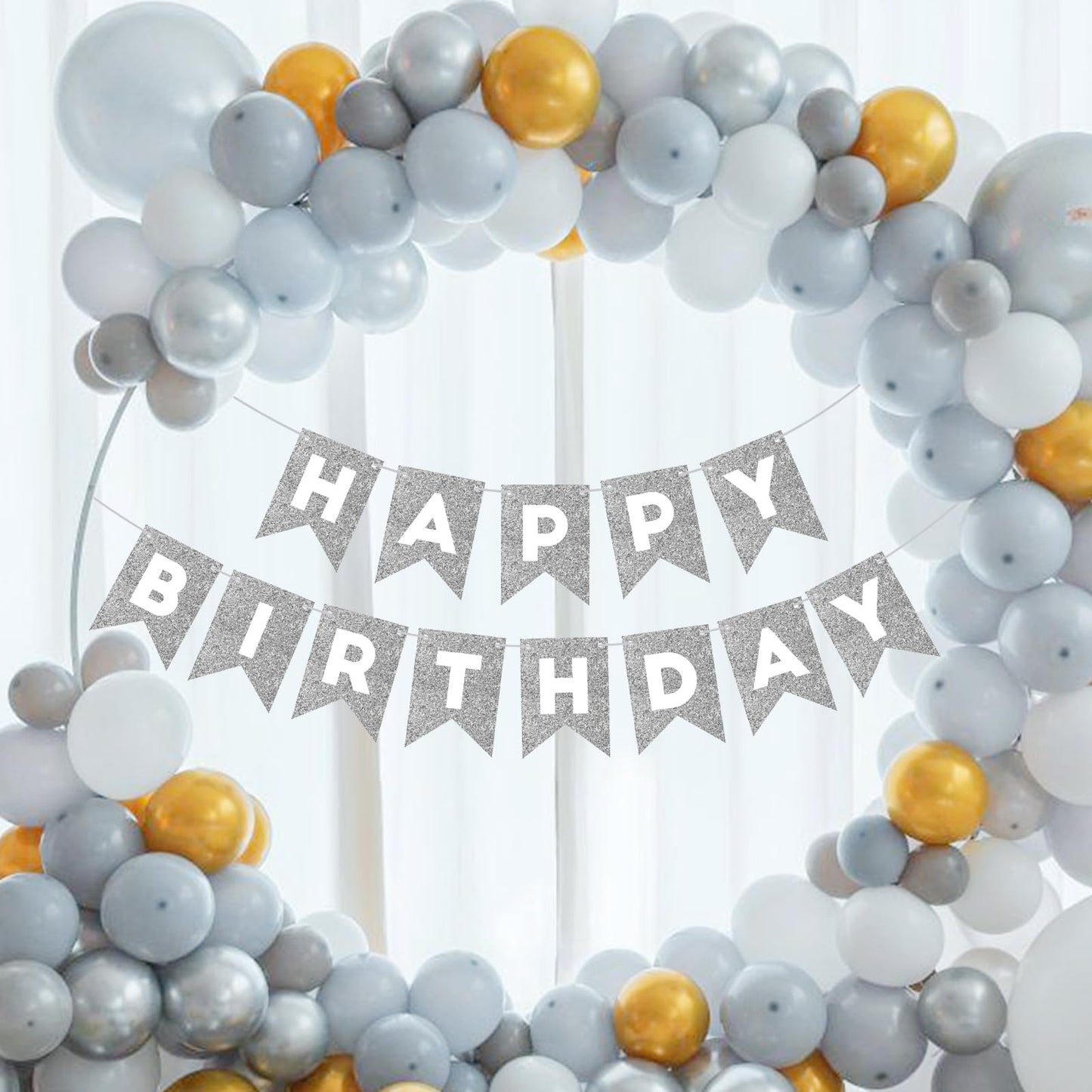 Hooqict Silver Glitter Happy Birthday Banner - Cardstock Party Garland for Kids & Adults - P-HF-SRKL-SG-SIL-1