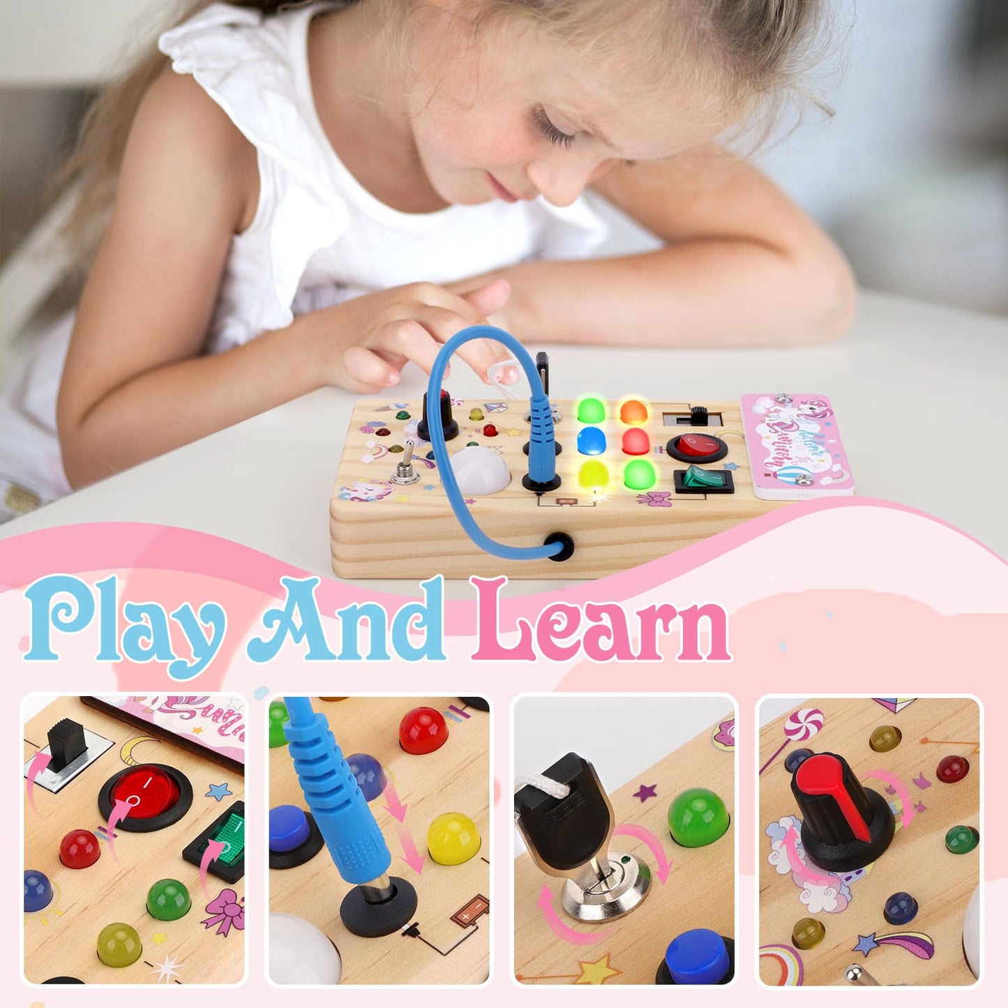 Unicorn Wooden Busy Board Sensory Toys With 8 Led Light Switches,Christmas Travel Toys Montessori Toys For 1 Year Old Babies Too