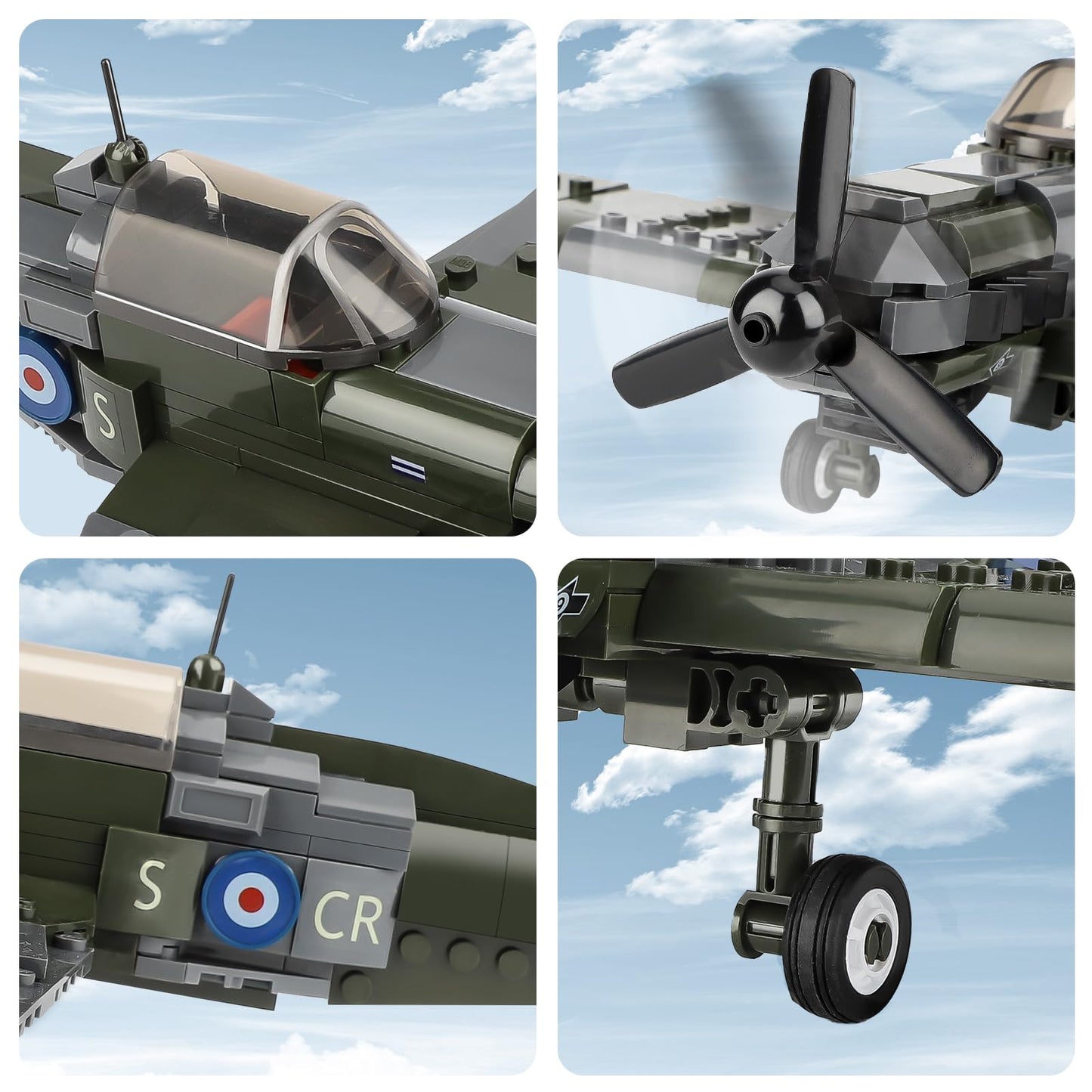 Toy Player Spitfire Fighter Military Ww2 Plane Building Set - With Sliding Features, Compatible With Lego Plane, Rotating Propellers, And An Open Cockpit Door