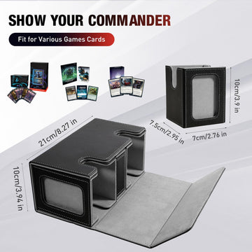 TiMOVO MTG Deck Box Commander Deck Case Fits 200+ Double-Sleeved Cards Magnetic Leather Card Storage Box with 2 Commander Display & 4Dividers & Dice Tray Fit YuGiOh TCG CCG Magic Cards Black+Gray