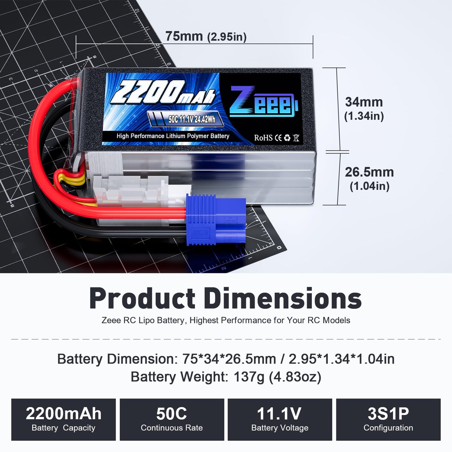 Zeee 3S Shorty Lipo 2200mAh 11.1V Battery 50C Small Pack Battery with EC3 Plug for RC Car Truck RC Vehicles Boat Drone RC Airpla