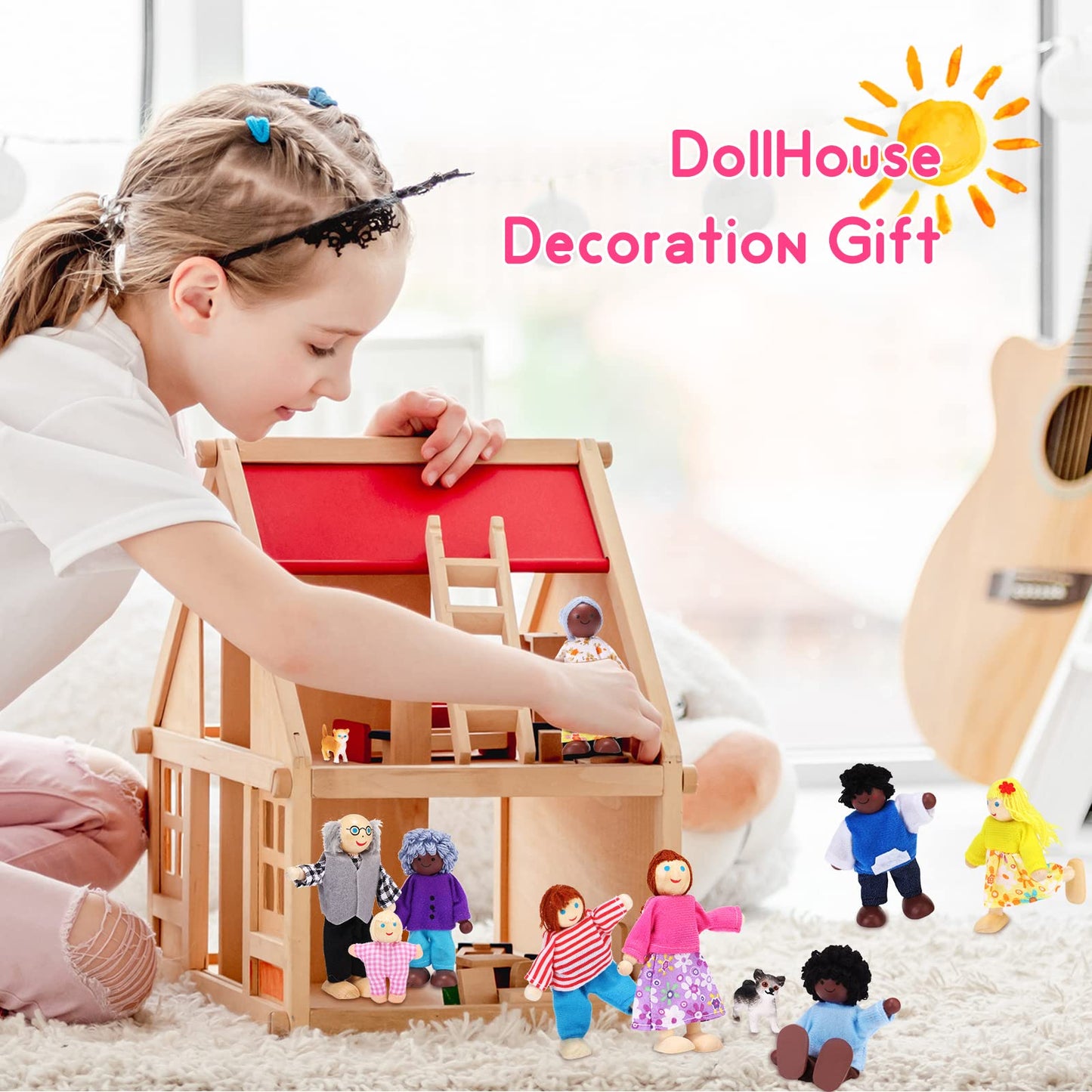 20 Pcs Wooden Dollhouse Family Set Of 16 Mini People Figures And 4 Pets, Dollhouse Dolls Wooden Doll Family Cosplay Figures Acce