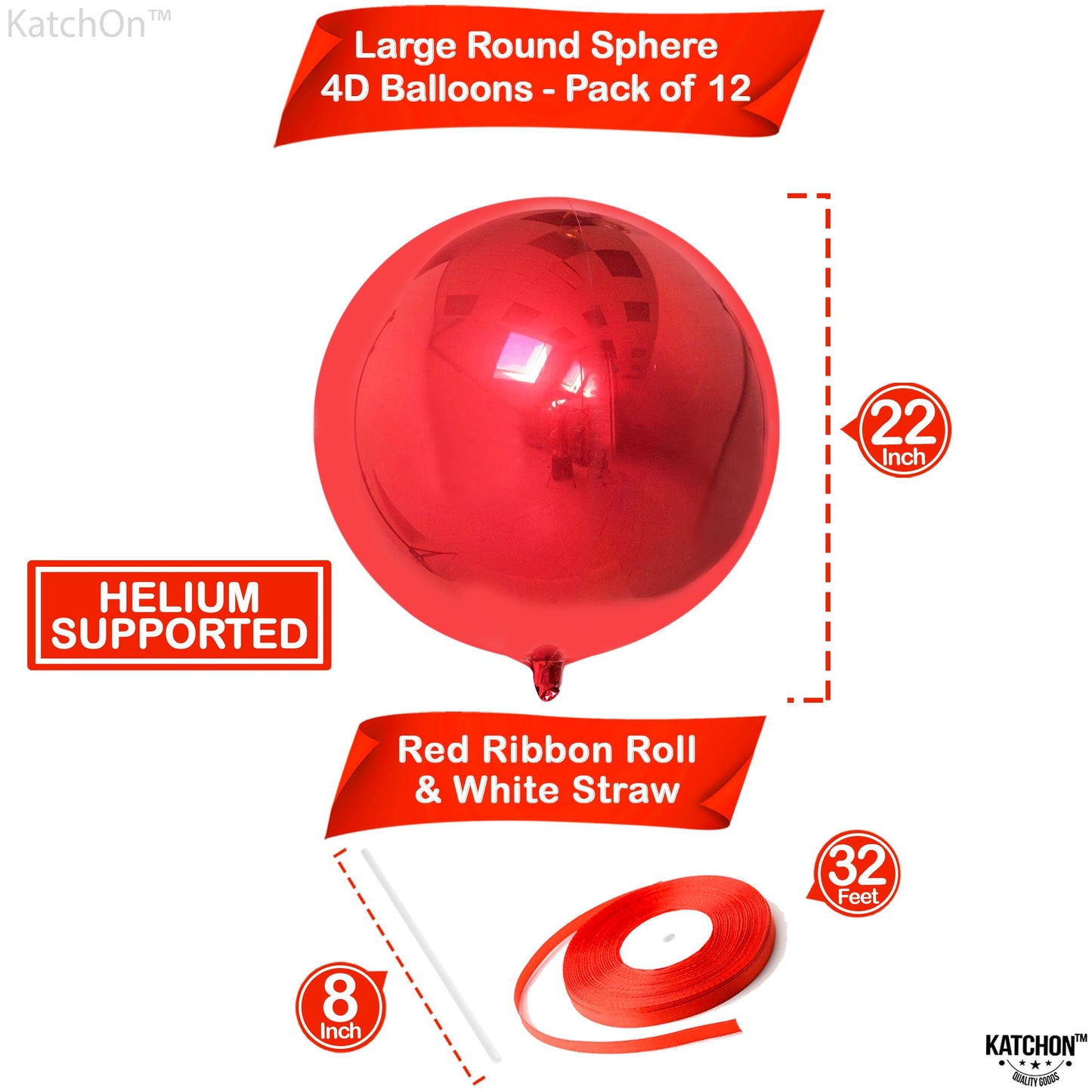 Katchon, Metallic Red Balloons -Big 22 Inch, 12 Pieces | 4D Sphere Red Metallic Balloons, Valentines Day Decorations, Red Party Decorations | Red Foil Balloons, Red Mylar Balloons, Valentines Balloons