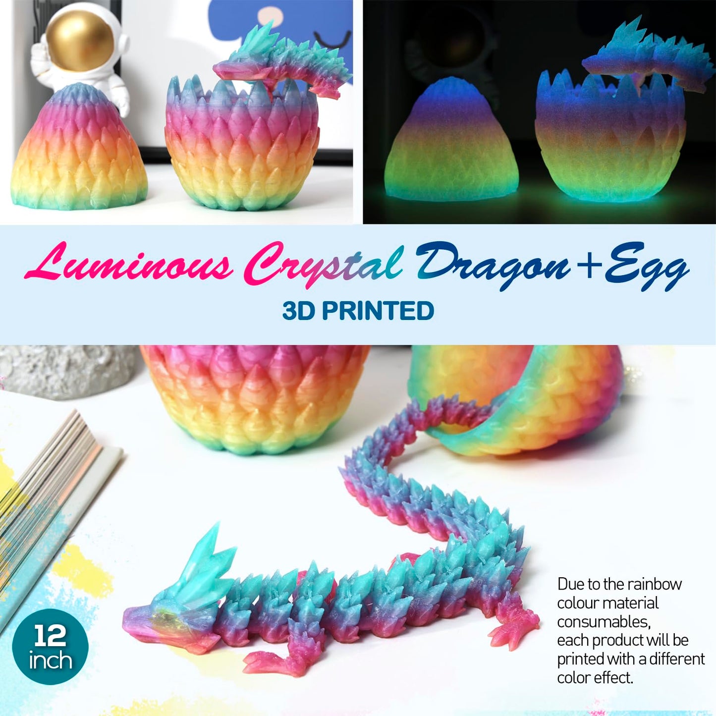 3D Printed Dragon,Dragon Eggs With Dragon Inside,Surprise Dragon Egg Toy,12'' Full Articulated Crystal 3D Dragonls