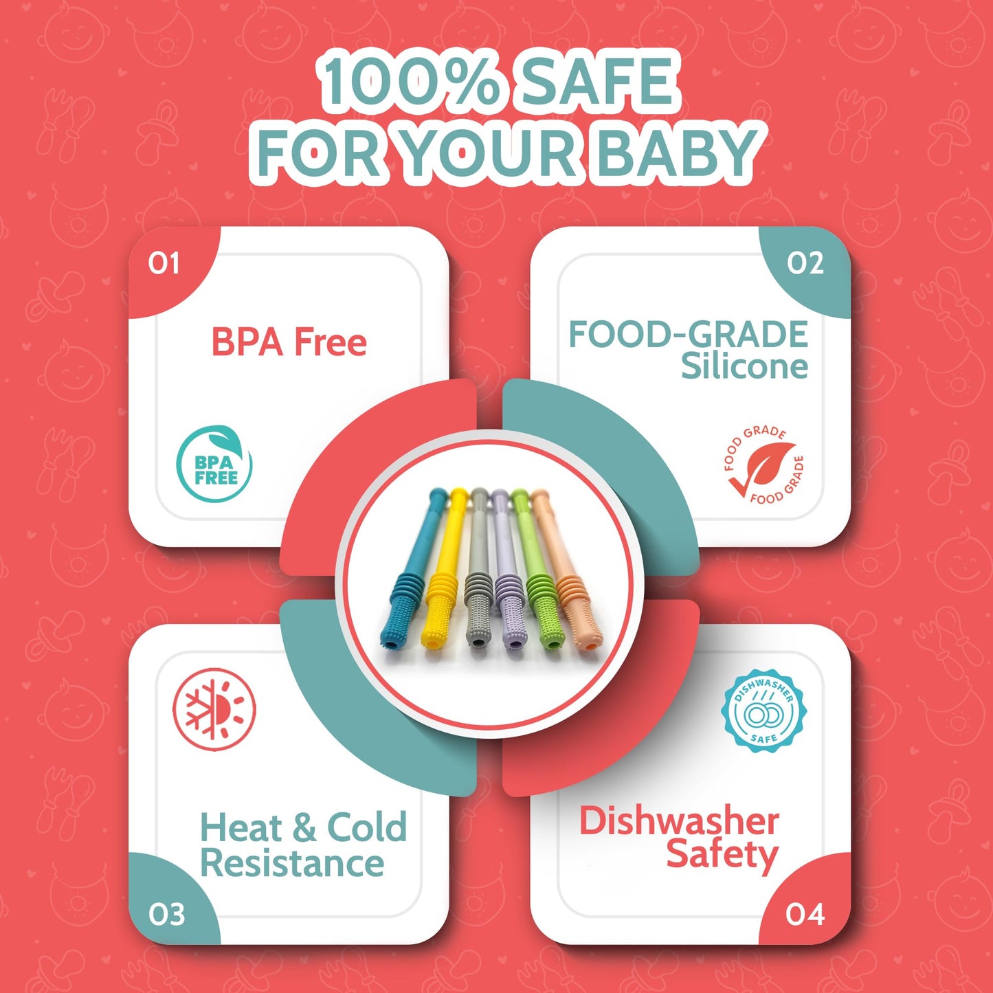 BEBECAN Teething Sticks - Soft Silicone Teethers, 6 Pack, 6.2 Inch, Multicolored, for Babies 0-36 Months