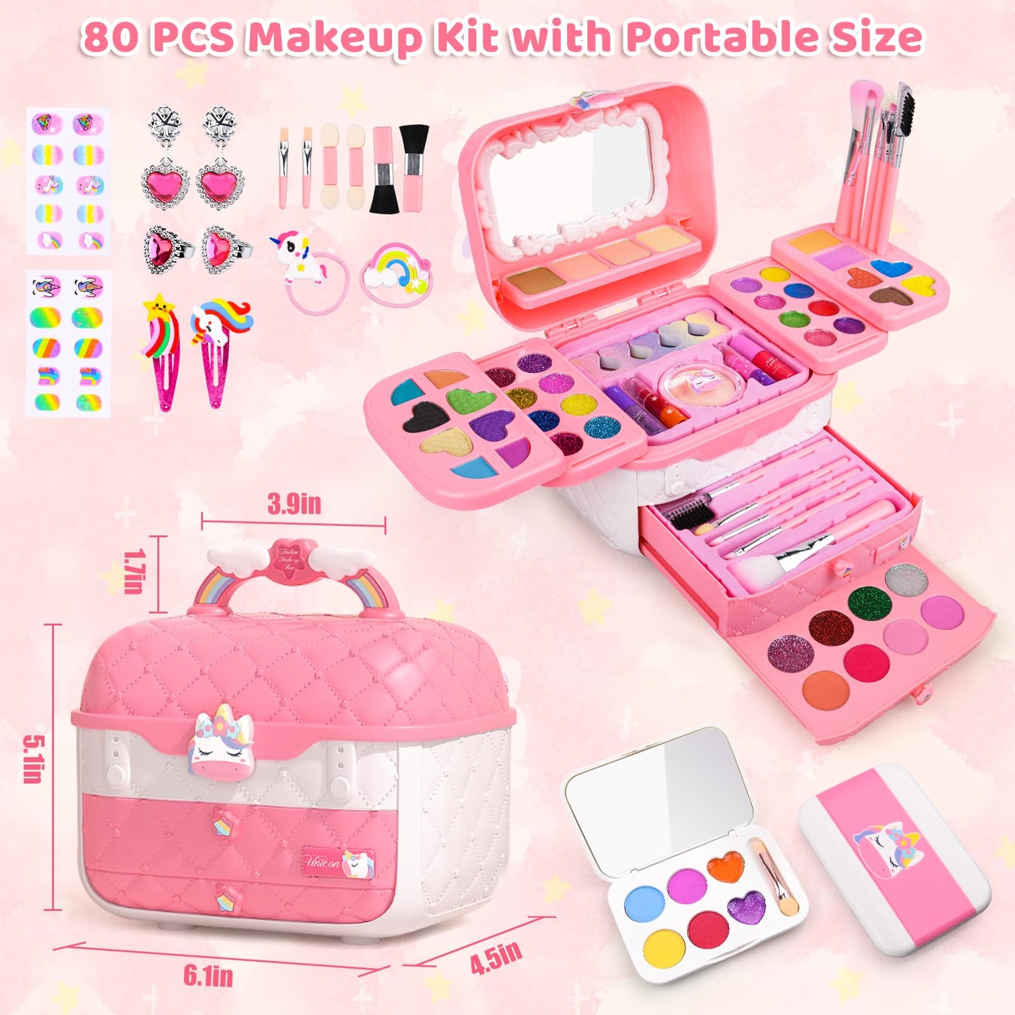 Auney 80 PCS Kids Makeup Kit for Girls 5 6 7 8 Years Old, Unicorn Girls Toy for Little Girls Birthday, Princess Dolls Dress Up T