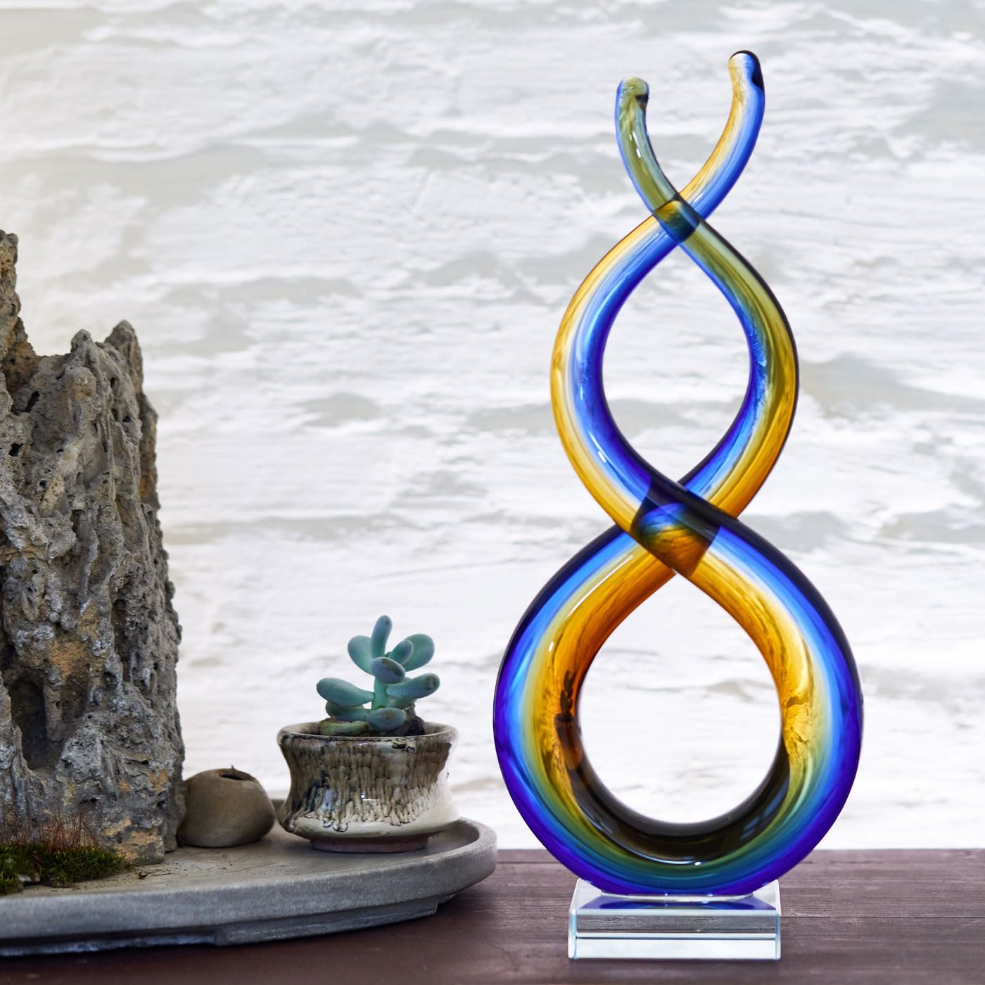 Luxury Lane Hand Blown Wave Sommerso Art Glass Scultpure 14.5 Inch Tall