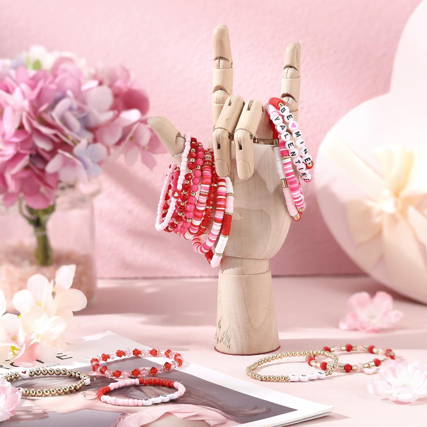 Sasylvia 48 Pcs Valentine's Day Bracelets Pink Heishi Polymer Clay Beaded Bracelets Preppy Beach Stretch Bracelet Elastic String