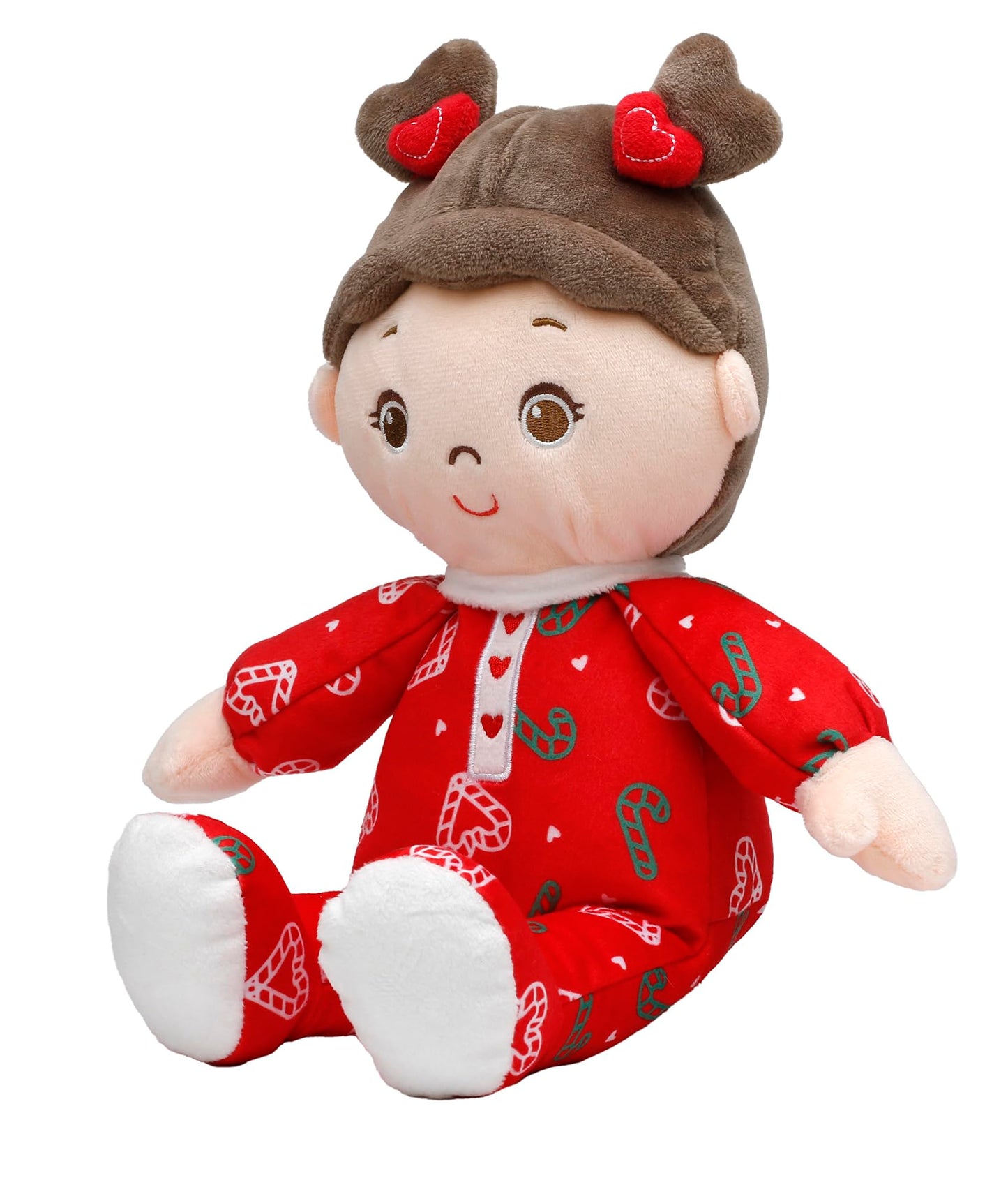 Large 13 Inch Soft Baby Doll With Heart Print, Brunette Ruby, Red