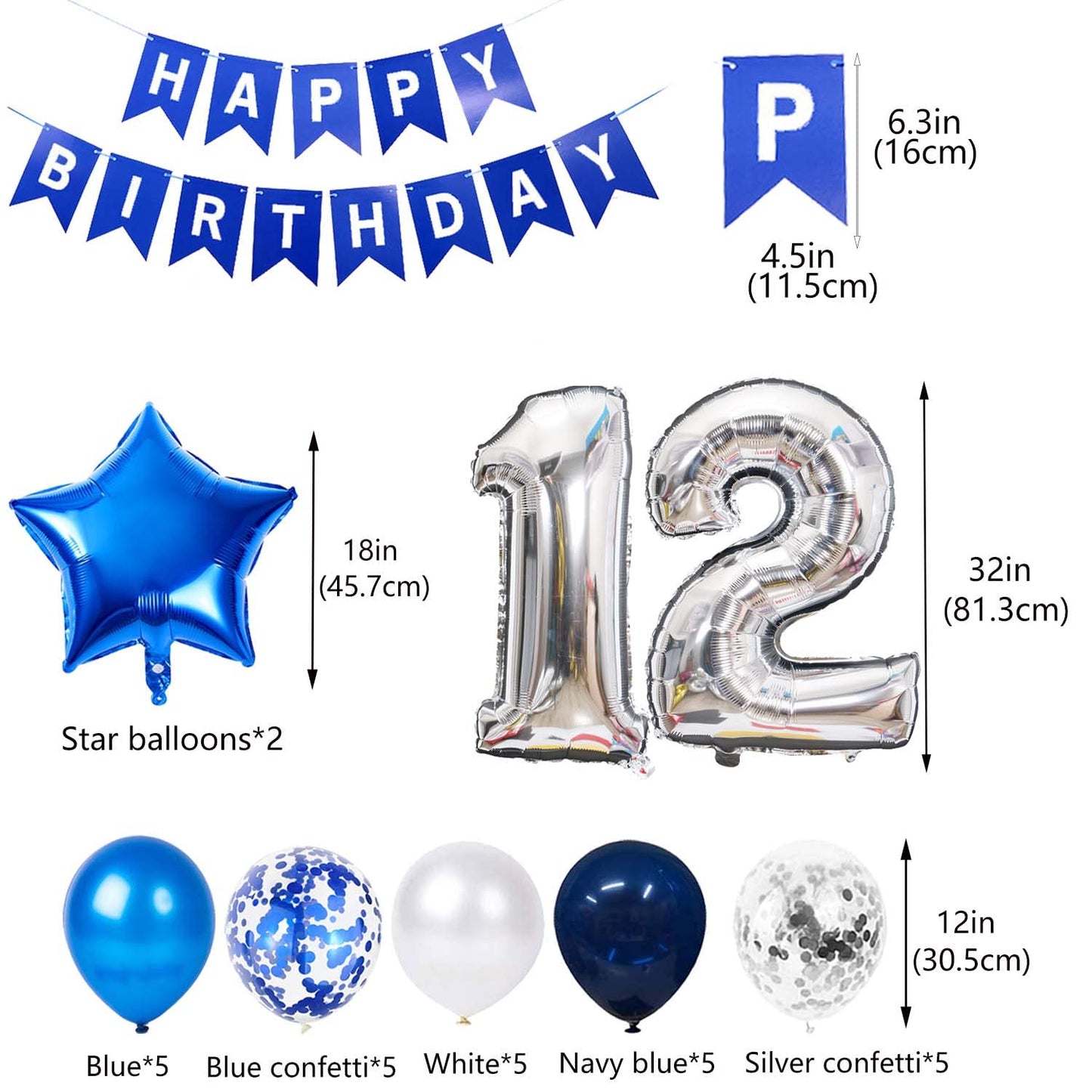 12Th Birthday Party Decoration For Boys, Happy Birthday Banner Blue Number 12 Birthday Balloons 12Th Birthday Latex Confetti Bal