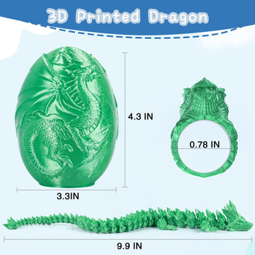 3D Printed Dragon Egg with Engraved Western Dragons - Surprise Gift Set with Articulated Crystal Dragon and Ring Fidget Sensory Toys for Kids Birthday Halloween for Boys and Girls