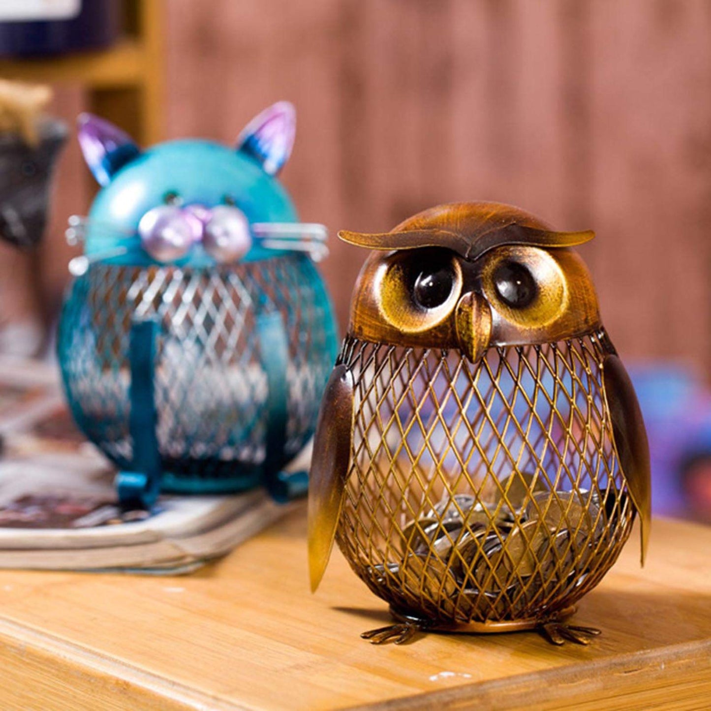 Tooarts Owl Shaped Metal Coin Bank Box Handwork Crafting Art