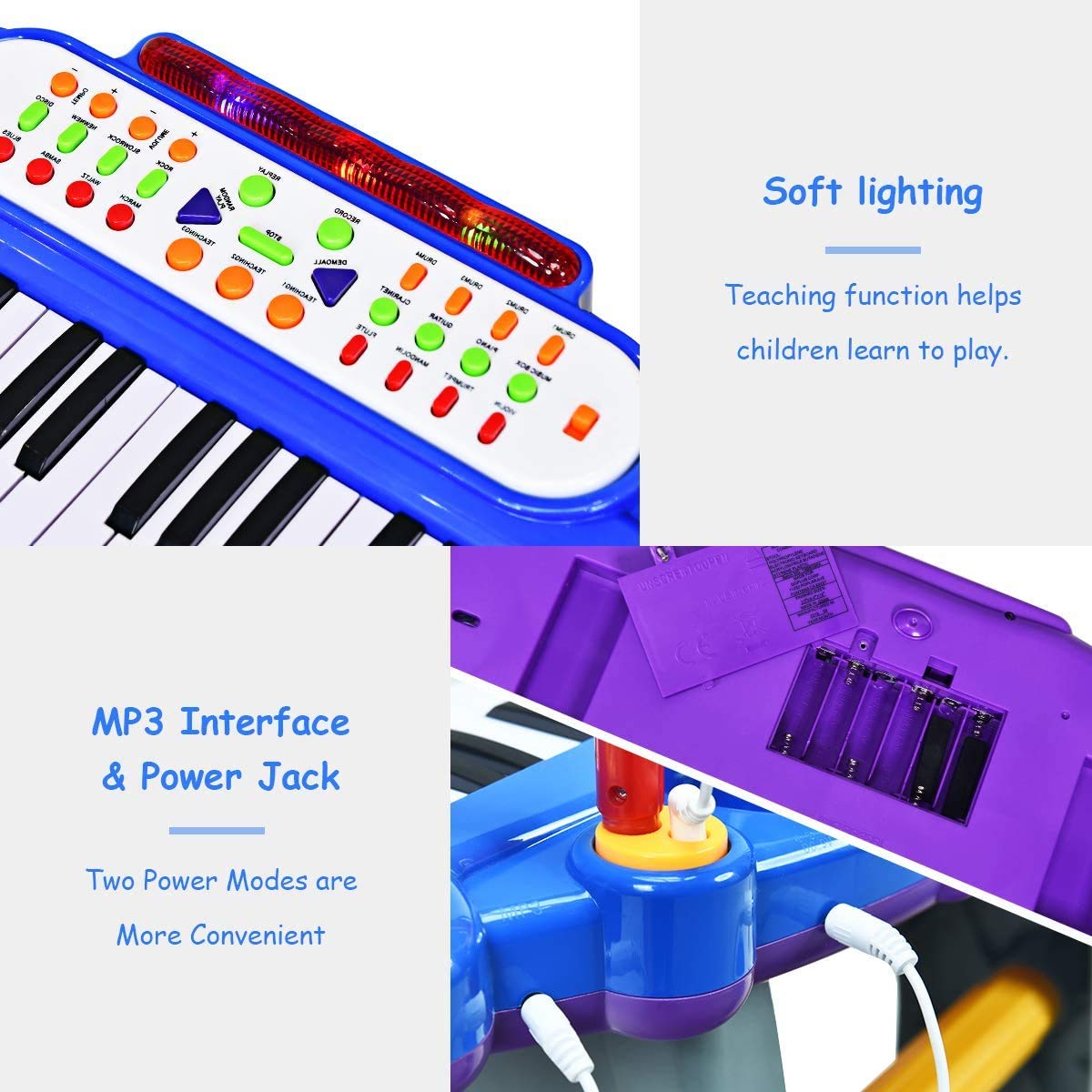 Costzon 37-Key Kids Piano Keyboard Toy, Toddler Electronic Musical Instrument Educational Toy W/Microphone, Multiple Sounds, Record Playback, Lights & Stool, Birthday Gift For Girls Boys Age 3+, Blue