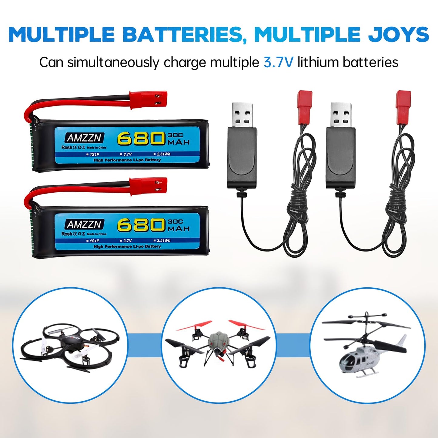 Amzzn 2Pcs 3.7V 680Mah 1S Lipo Battery With Jst Plug And Usb Charging Cable For Udi U817 U818A V959 V222 V929 S032 Rc Drone, Fou