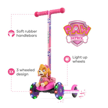 Paw Patrol Skye Kick Scooter For Kids, Self-Balancing 3 Wheeled Light Up Scooter With Extra Wide Anti-Slip Deck, Rear Brake, Lea