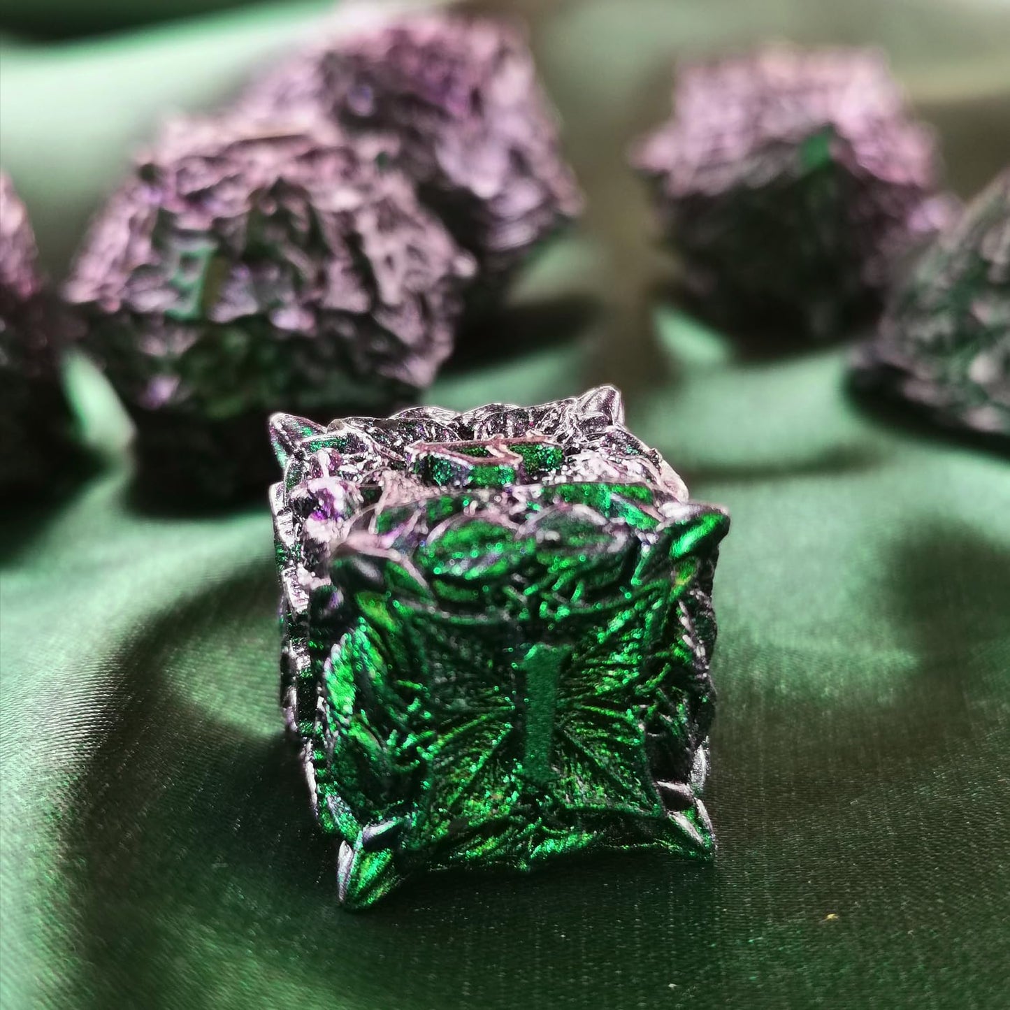 MJDICEOK Metal Dice Vine Leaf Set 7 Role Playing Polyhedral D&D Solid Dungeons and Dragons Dice (Green Blue)