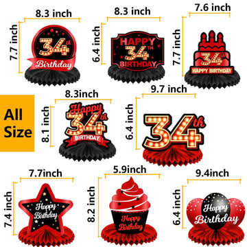 Happy 34Th Birthday Red And Black Table Honeycomb Centerpieces Balloons Theme Decor Table Decorations Table Toppers For Girls Women Princess 34 Years Old Birthday Party Bday Supplies Background Gold