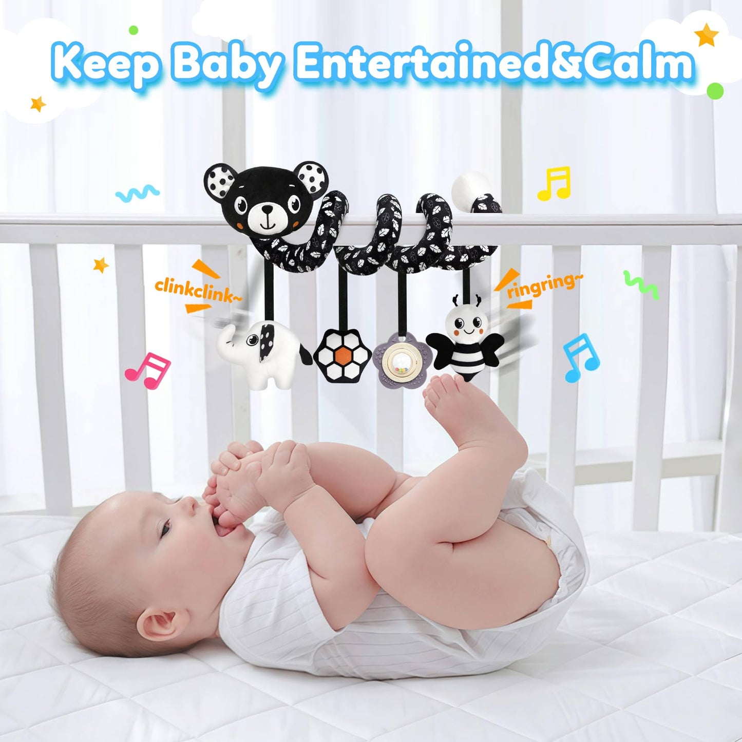 Baby Carseat Toy Black & White Rattle Spiral Hanging Activity Stroller Toy For Newborns Boys And Girls, Easter Basket Stuffers -