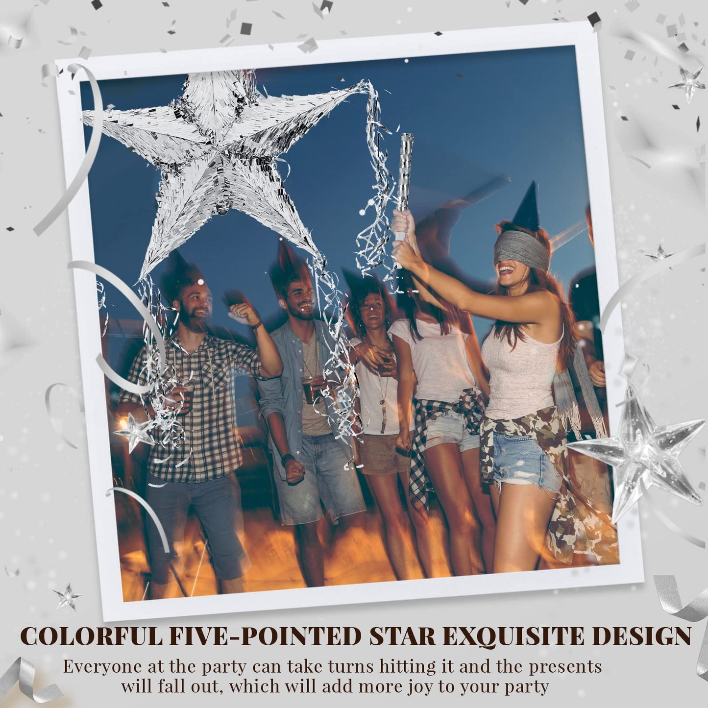 Hanaive Foil Star Piñata - Silver Paper Birthday Party Supplies with Blindfold & Bat, Foldable Fiesta Fun