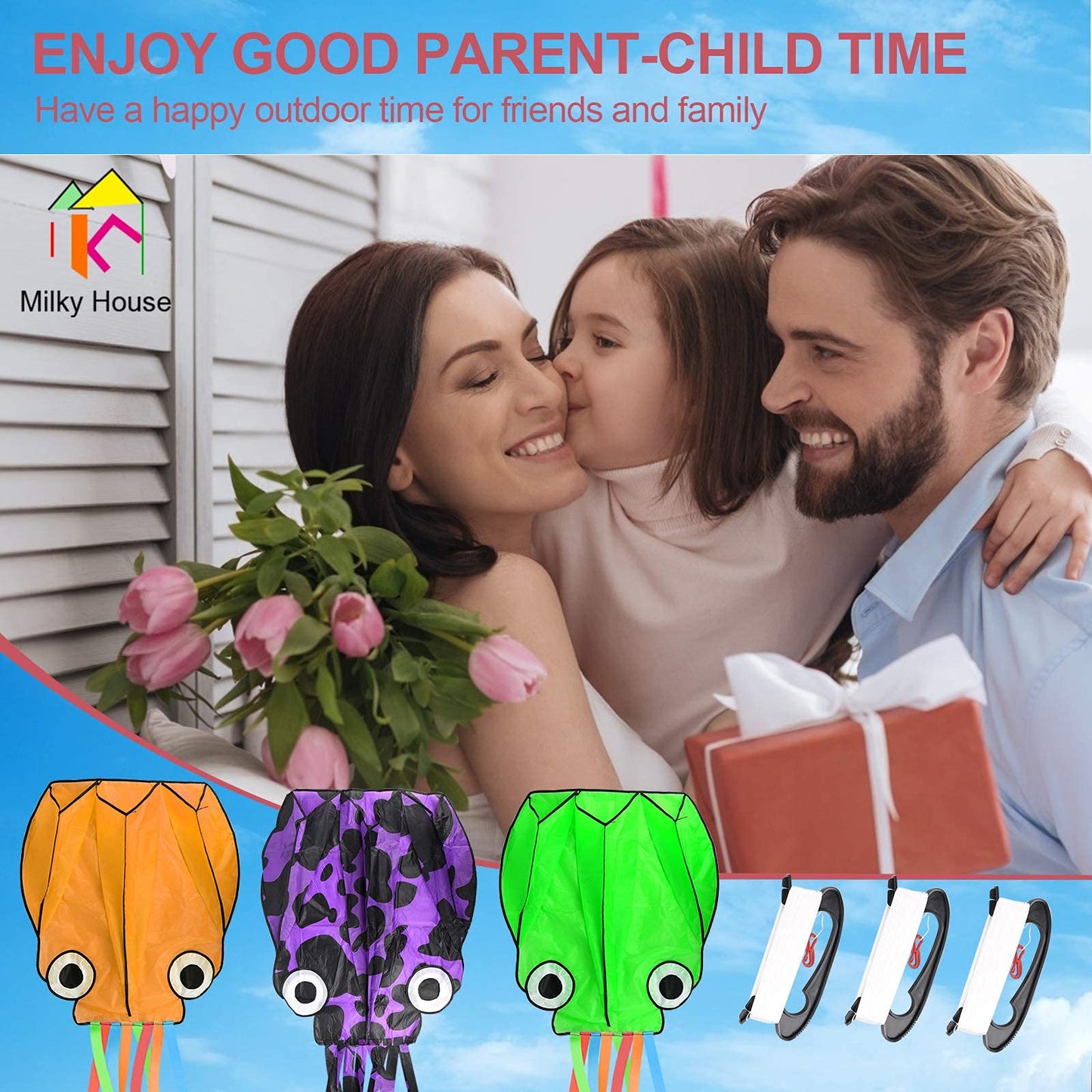 Octopus Kite 3 Pack, Kites For Kids Easy To Fly, Kites For Adults, Kites For Kids Ages 8-12, Kite For Toddlers, Kites For Beach, Kite String 100M Large 3D Giant Rainbow Kites For Boys, Kites For Girls