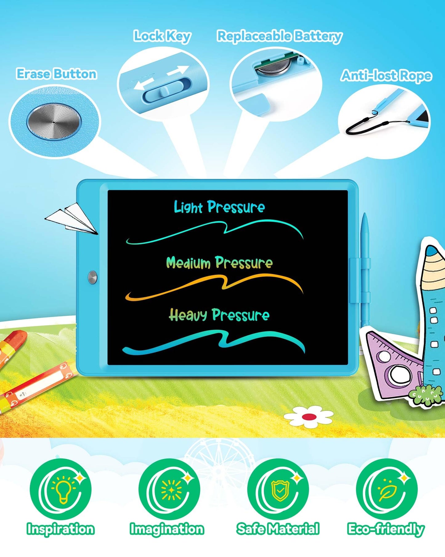 Kokodi 8.5 Inch Lcd Writing Tablet With Anti-Lost Stylus, Erasable Doodle Board Colorful Toddler Drawing Pad, Car Travel School Games Toys For 3 4 5 6 7 8 Kids, Birthday Gift For Girls Boys Blue