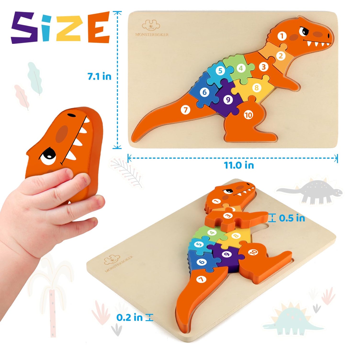Monsterboker Dinosaur Puzzles For 1+ Year Old, Wooden Puzzles For Toddlers 1-3, Dinosaur Toys For Kids 2-4 Boys/Girls, Large Flo