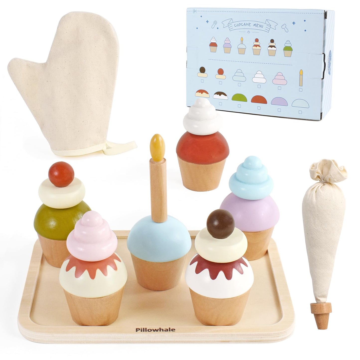 Pillowhale Wooden Cupcakes Toy,Kids Kitchen Playset,Pretend Play Food with Menu,Birthday Cake Toy for Toddlers Boys Girls Ages 3