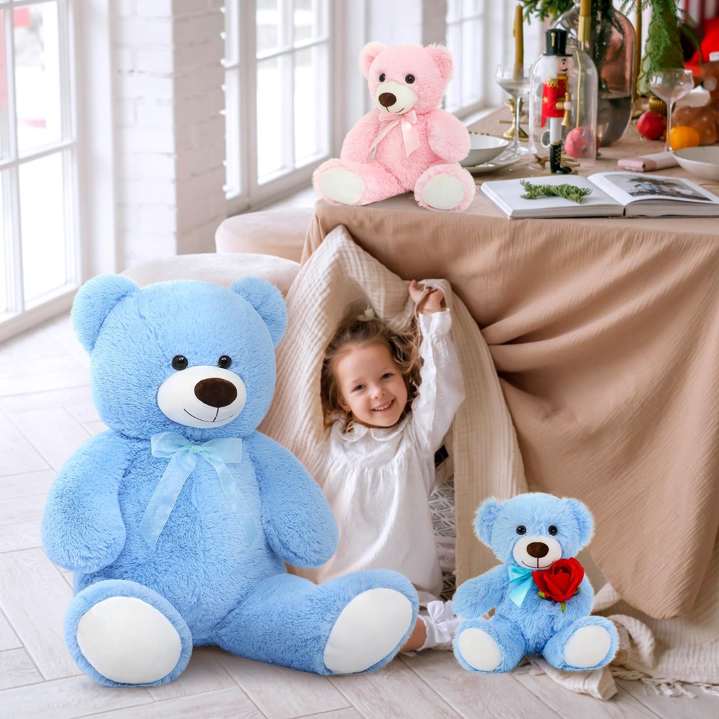 Morismos Giant Teddy Bears With Babies, Large Mommy Bear With 2 Babies Stuffed Animals For Baby Shower, Big Bear Plush For Christmas, Blue, 36 Inch