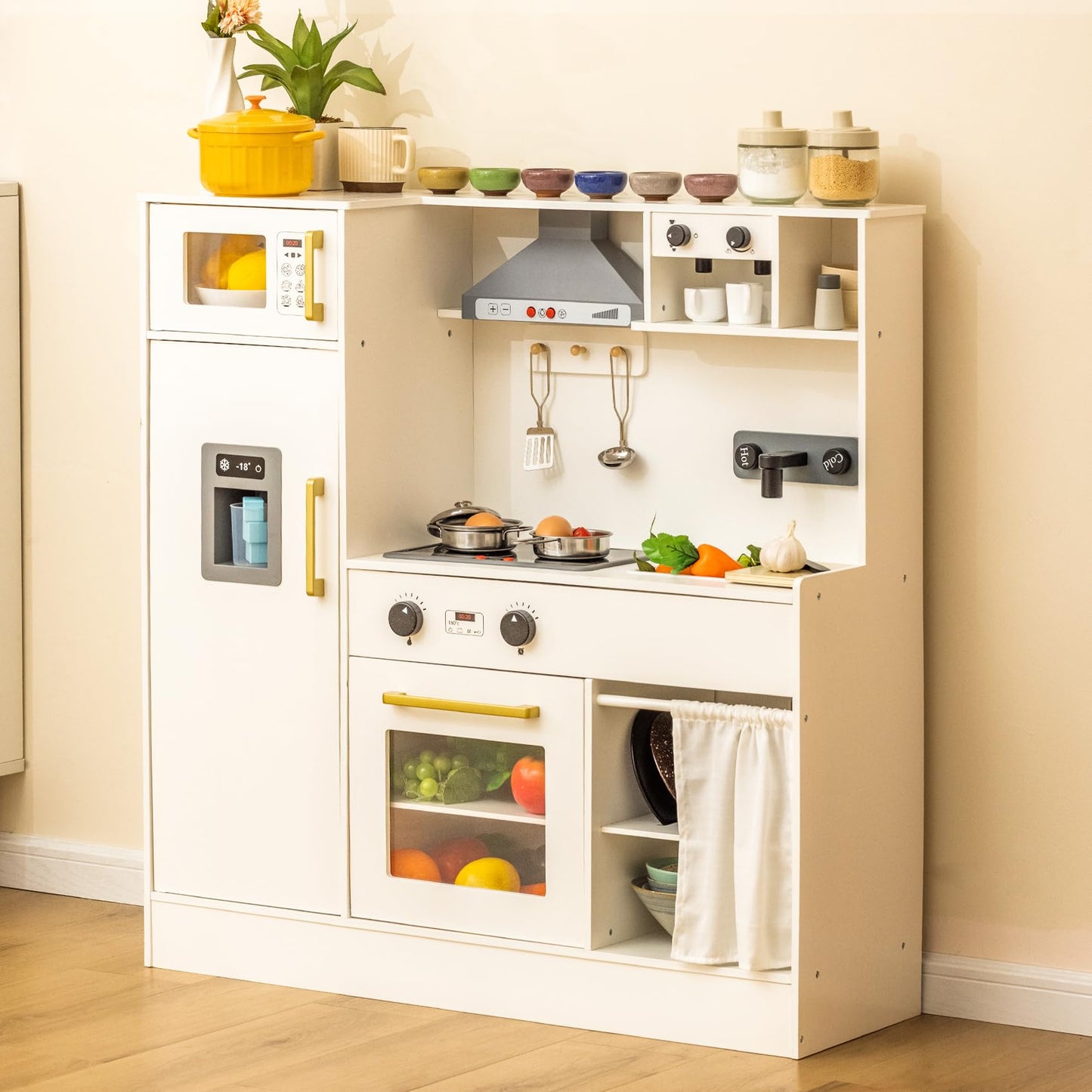 Deli Kids Kitchen Playset, Realistic Wooden Kitchen Playset For Toddlers & Kids With Lights, Sounds & Storage, Ideal Gift For Bo