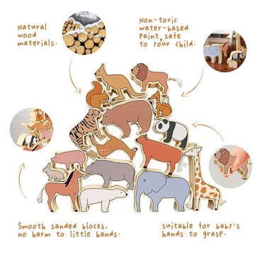 Xylolin Wooden Zoo Animal Blocks Stacking And Balancing Toy, Toddler Wood Animal Figures Blocks Imaginative Play, Preschool Educational Toys And Stack Balance Games For Kids