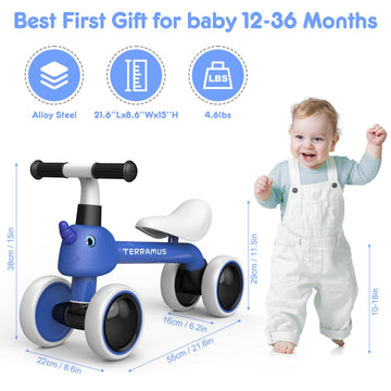 TERRAMUS Baby Balance Bike for 1 Year Old Gifts Boys Girls - Toys for 12-24 Month Toddler Balance Bike, No Pedal 4 Wheels Infant