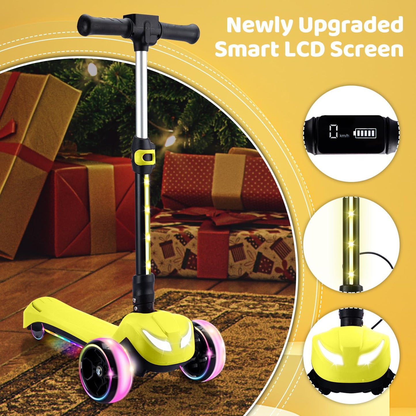 Kids Electric Scooter w/LCD Screen, Bluetooth Music, Light-Up Stem Deck & Wheels, Thumb Throttle, 3 Adjustable Heights, 150W Pow