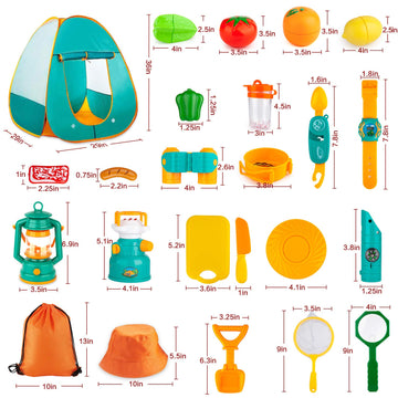 Aokiwo 45Pcs Kids Camping Tent Set, Pop Up Play Tent With Camping Gear Tools Indoor Outdoor Pretend Play Set For Toddler Boys/Girls - Including Telescope, Walkie Talkie, Camping Tent, Stove, And Etc