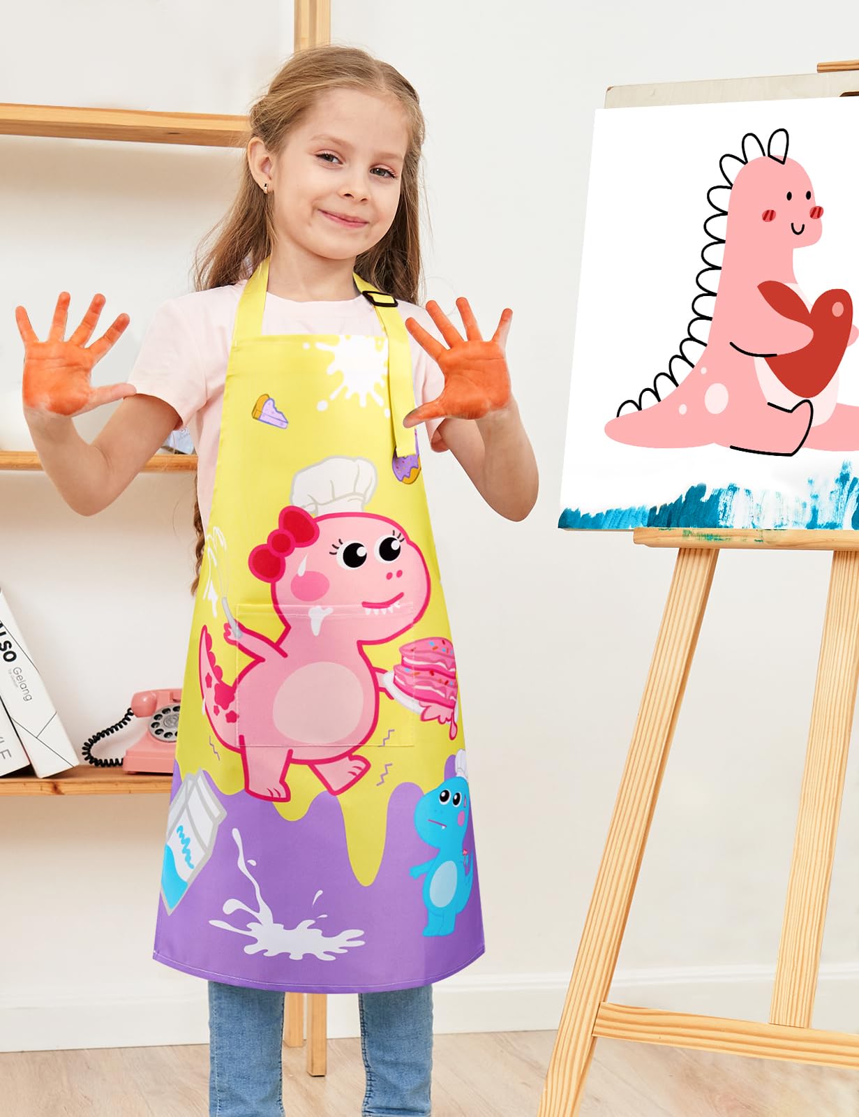 Wernnsai Cute Dinosaur Toddler Aprons - Kids Aprons For Girls Toddler Paint Art Smock Waterproof Cooking Baking Painting Gardening Artist Chef Apron For Kids Age 6-10 Years